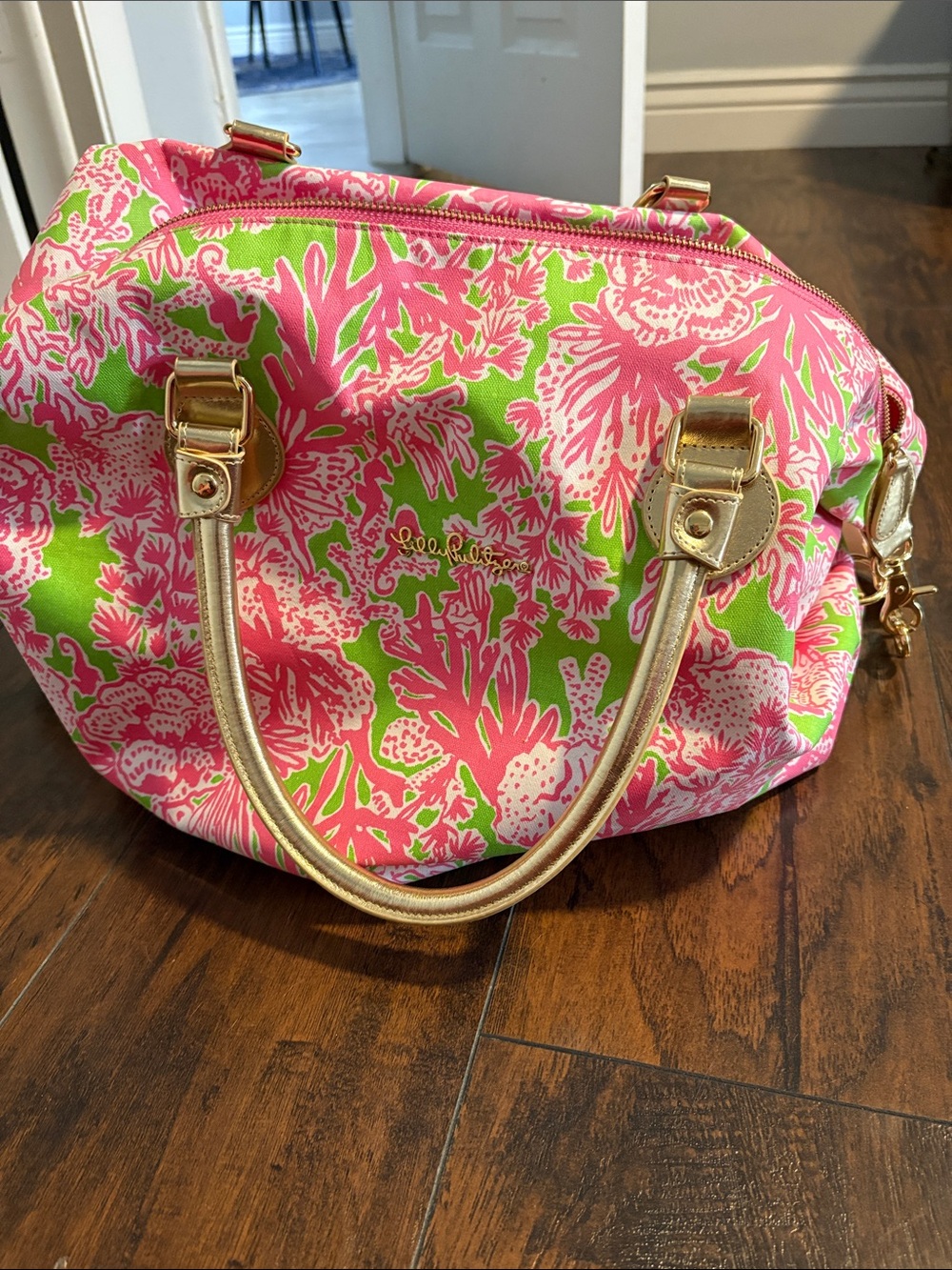 Lilly Pulitzer Pink & Green Coral Print Satchel with Gold Accents weekender